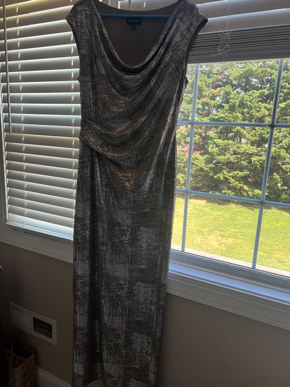 connected apparel Metallic Silver Draped Cowl-Neck Maxi Dress
